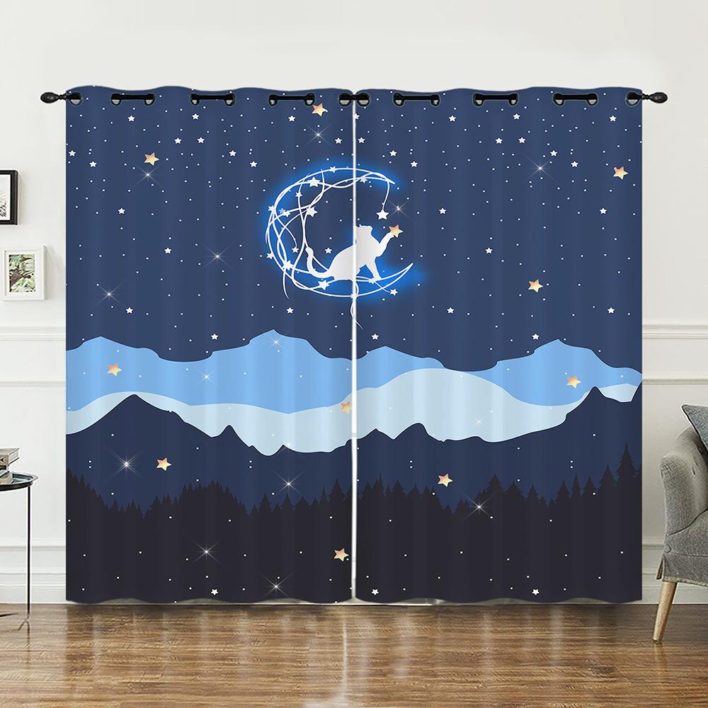 Шторы Шторы для спальни Цифровая печать Луна Звездное небо Фестиваль Светонепроницаемые шторы Без пробивания 2pcs*97cm*114cm*2