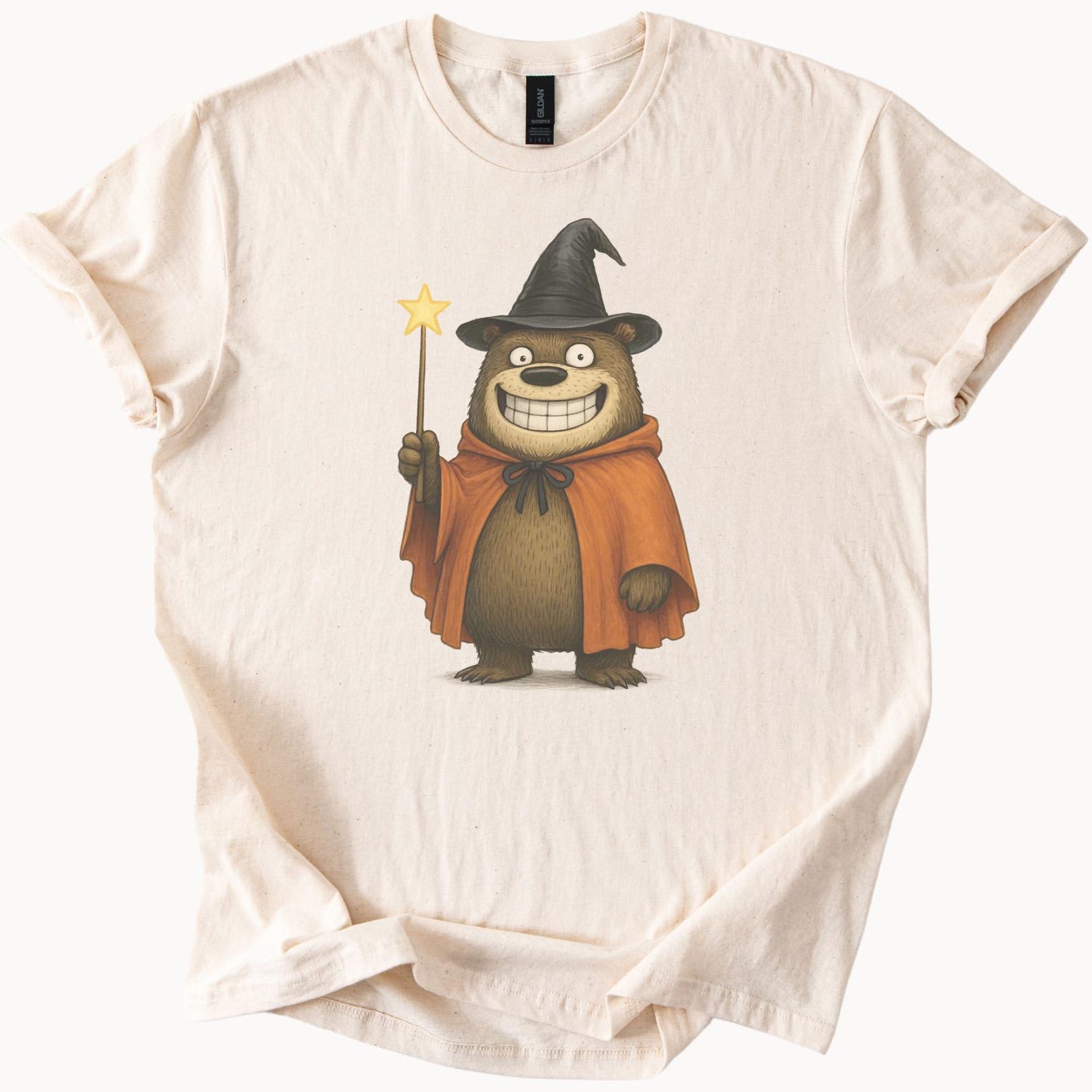 Bear Wizard T Shirt Cute Bear in Witch Hat and Cape with Magic Wand Whimsical Halloween Animal Graphic Tee Gift for Bear Lovers 160