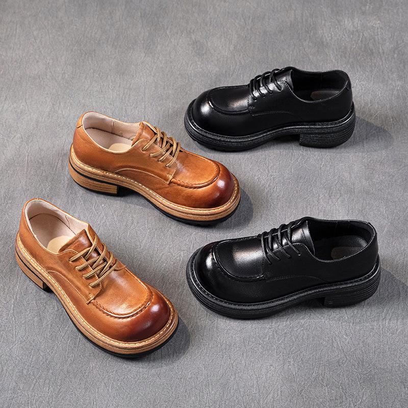 [Heavy Industry] First-layer cowhide loafers for women's autumn 2025 new leather retro lace-up small leather shoes