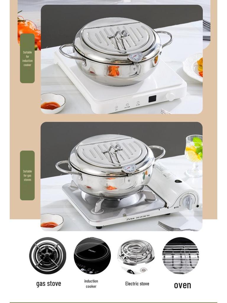 Japanese Stainless Steel Multi-Functional Tempura Frying Pot with Controllable Temperature & Double Handles