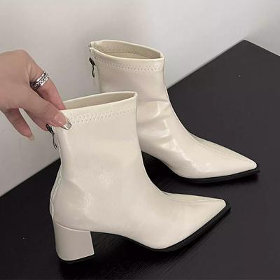 Elegant High Heels Ankle Boots For Women'S Pointed Toe Chunky Shoes  Fashion Boots Pumps New Leather Winter Mujer De Botas