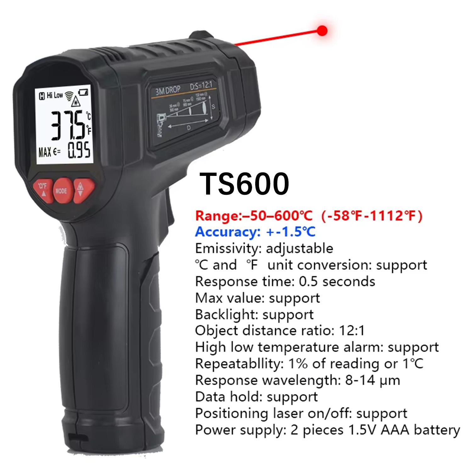 

-50 to 800 Degree Mestek Digital Infrared Thermometer Laser Temperature Meter Non-contact Pyrometer Hygrometer IR Thermometer TS600