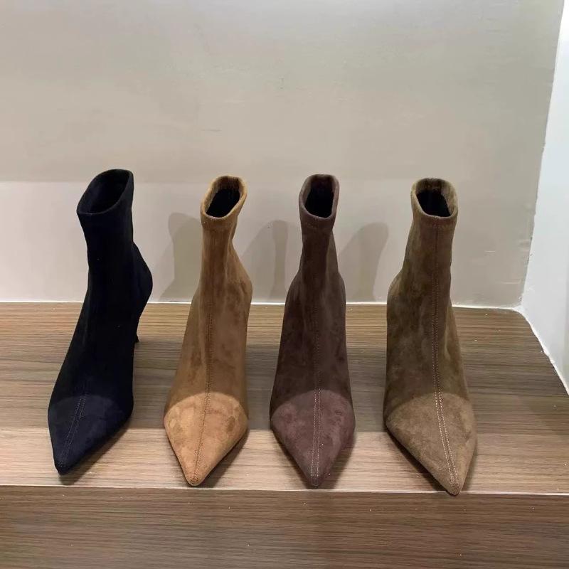 Korean small naked boots 2025 autumn and winter new single boots high heel pointed suede khaki thin boots short boots women's shoes