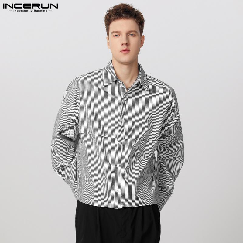 INCERUN Men Lapel Neck Long Sleeve Striped Casual Buttons Up Shirts