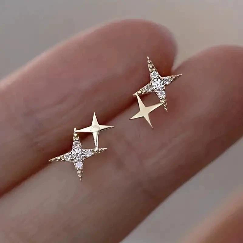 

Women s Trendy Sparkling Zircon Four-Pointed Star Stud Earrings European Fashion Gold & Silver Color Jewelry Gift