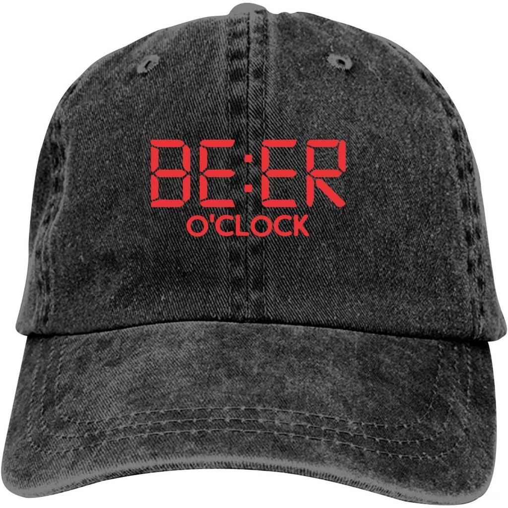 Beer OClock Digital Display Washed Baseball Cap Denim Casual Adjustable Dad Hat for Unisex