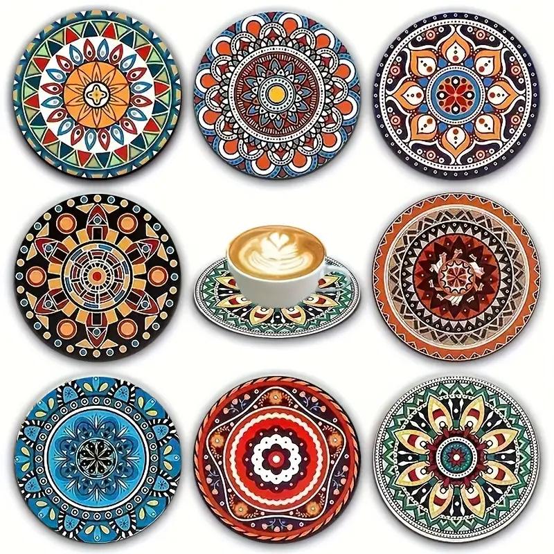 8PCS 10cm Wooden Coaster Tea Coffee Cup Pad Heat Resistant Round Bowl Teapot Mat Wood Placemats Coasters for Home Kitchen Decor