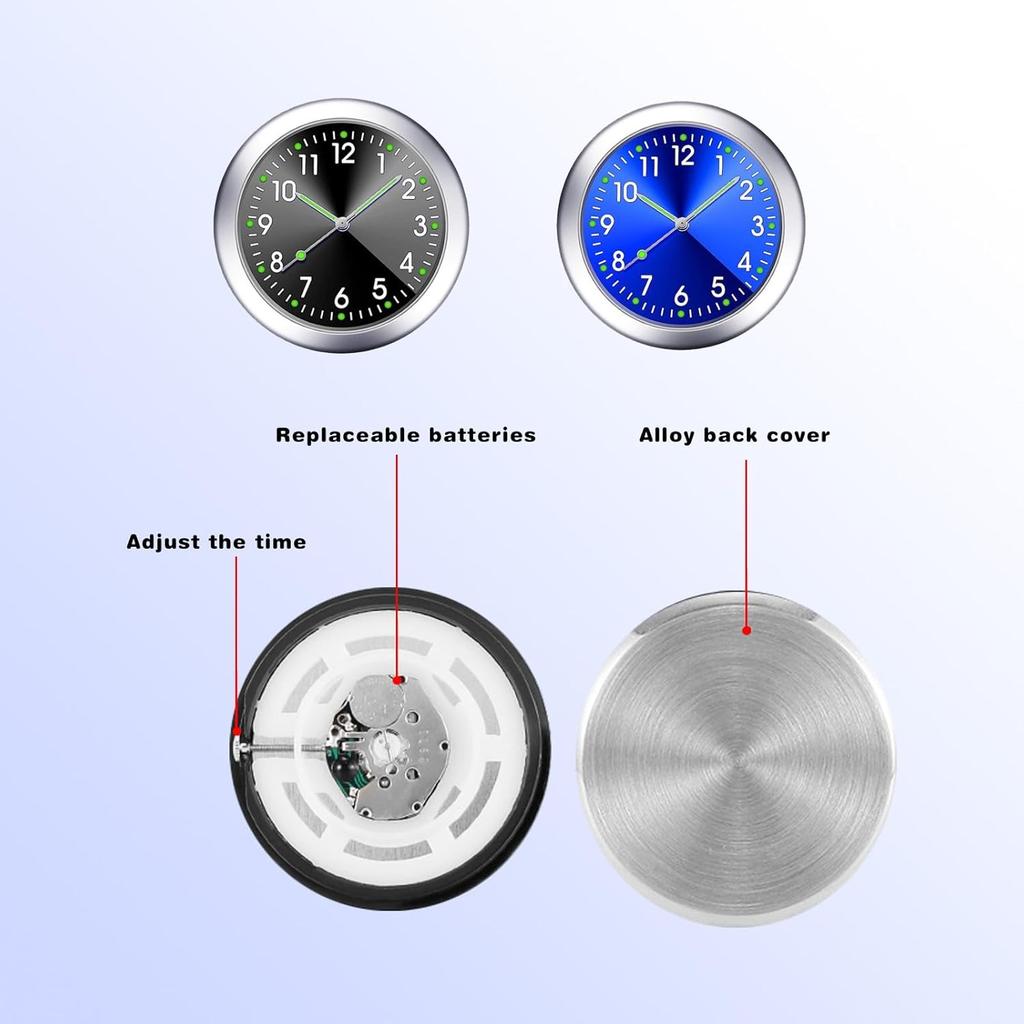 2 PCS Mini Car Clock for Dashboard, 1.5In Durable Metal Vehicle Luminous Clock with Adhesive, Universal Decorative Automotive Watch Accessories for
