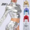 Damen Top Club Glänzend Kunstleder Halber Stehkragen Einfarbig Taille Freigelegt Lange Crop Ärmel Skinny Pullover Elastisch Nachtclub Bühnenauftritt