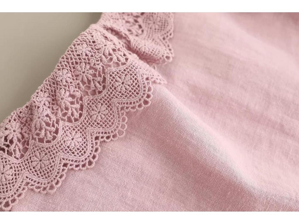 French Lace Patchwork Long Sleeve Doll Collar Linen Shirt