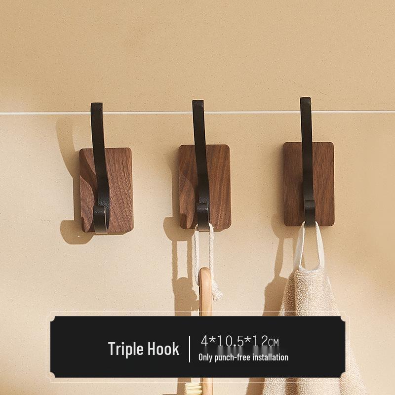 Walnut Bathroom Wall-Mounted No-Drill Adhesive Hook, Solid Wood & Space Aluminum