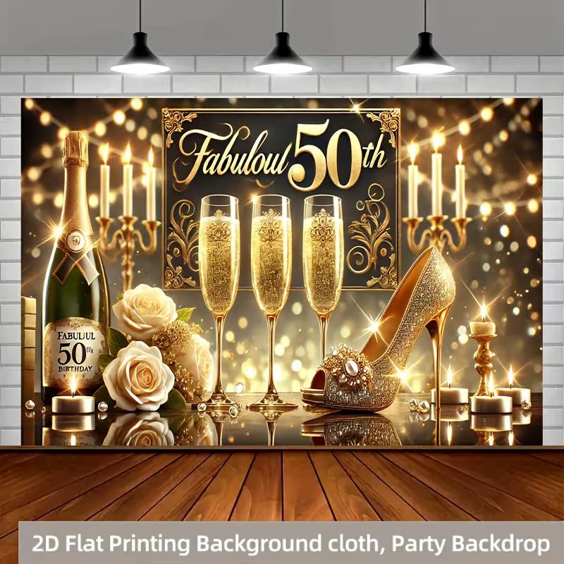 2D 50th Birthday Photography Backdrop, Elegant High Heel & Champagne Themed Party Banner 47.2x31.5inch/120*80cm