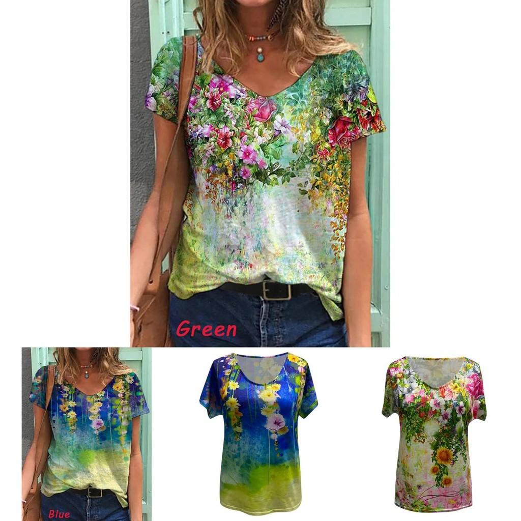 Stylish Womens V Neck Short Sleeve Blouse Soft Casual Baggy Floral T-shirt Tunic Tops