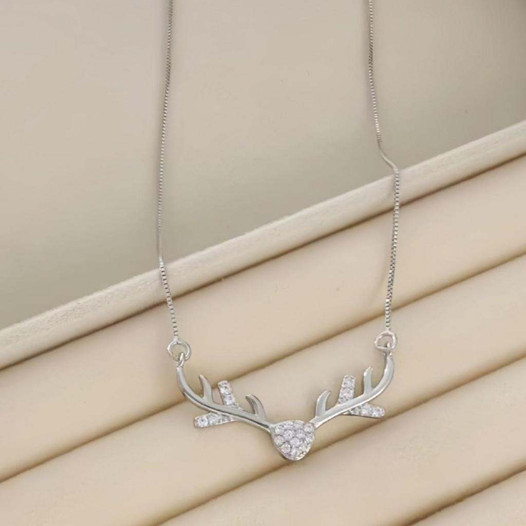 Korean Style Elegant Deer Antler Heart Necklace for Women with Shiny Zirconia