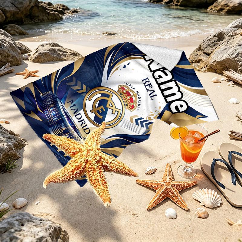 Custom Name Personalized Real Madrid Football Print Beach Towel, for Trip Camping Beach Party Home Decor, Birthday Gift for Family & Friends