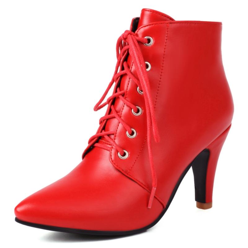 

Модные элегантные ботильоны для женщин, повседневные, на шнуровке, осень-весна-зима, короткие женские ботинки на высоком каблуке, черные, красные, для вечеринок, женские, большого размера 40 красный