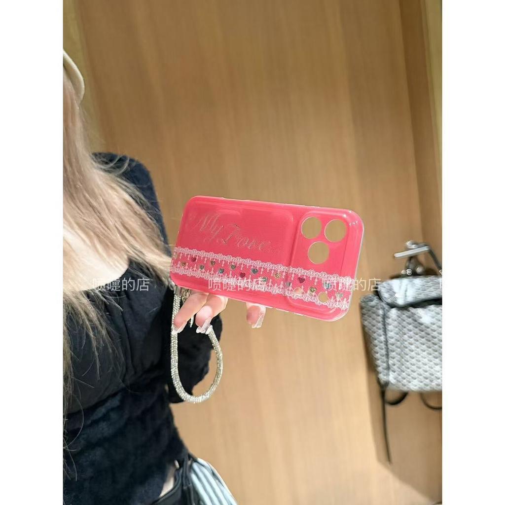 Girl group rose pink lace flower body letter suitable for apple 17promax mobile phone case iphone16/15 lanyard