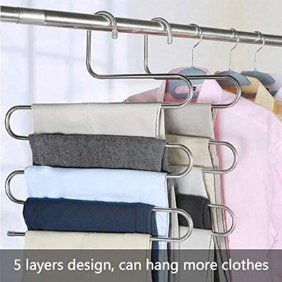 5-Layer S-Shaped Stainless Steel Pants Hanger - Multi-Functional Clip Rack for Closet Clothes Storage