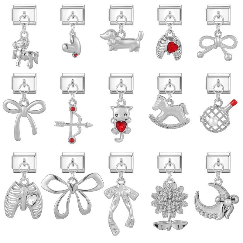 Crystal Moon Butterfly Rose Star Bow Cats Pendant Italian Charm Link Fit 9mm Stainless Steel Bracelet Women Jewelry DIY Making
