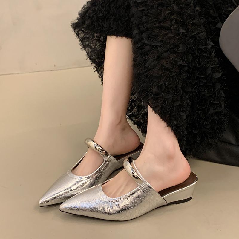Fashion 2025  Women Fashion Metal Ladies Wedges Slippers Shoes Female Slides Pointed Toe Low Heel Mules Footwear Wedges Slippers Shoes