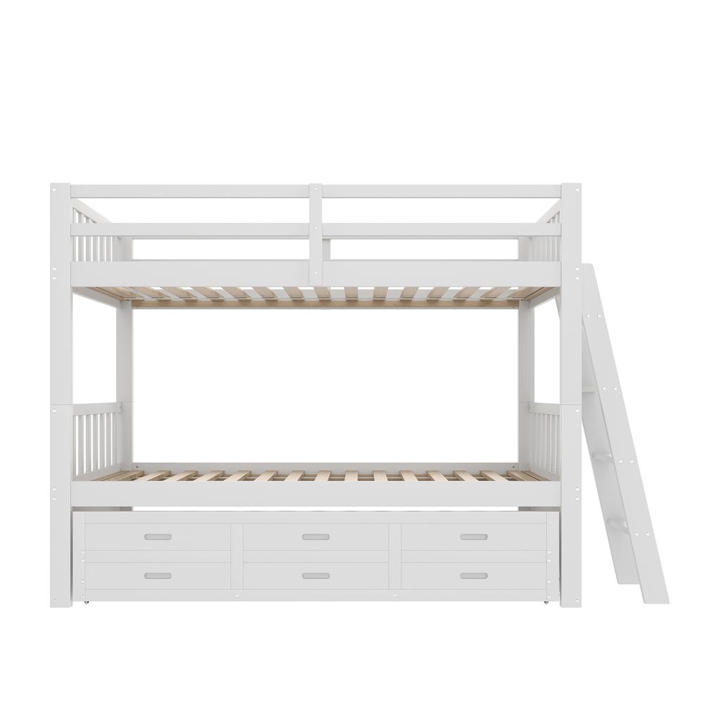 =(WX000121AAK)Etagenbett 90x200cm, Hausbett, Rahmen aus Kiefernholz und MDF mit Leiter und Ausziehbett und 3 Schubladen, Ohne Matratze, Weiß