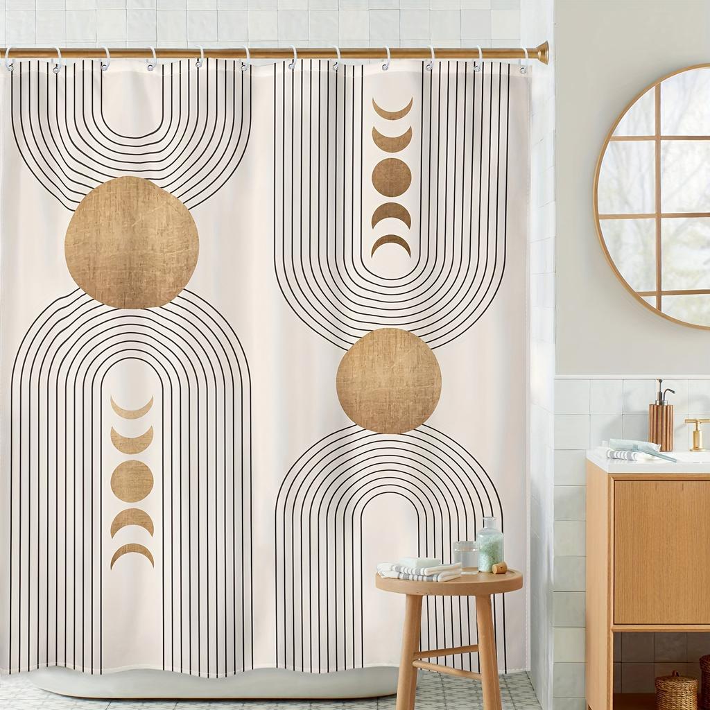 Abstract Mid-Century Curtain - 72x72In, Bohemian Minimalist, Waterproof Beige & Black, 12 Hooks