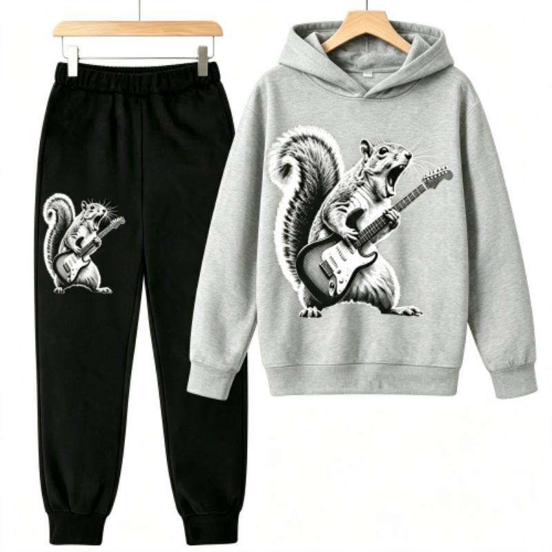 Fashion Rock Squirrel Guitar Player Animal Squirrel Print Kids Pullovers Pants 2-piece Set Street Casual Fashion Hoodies Vintage Boy's Girl Clothes