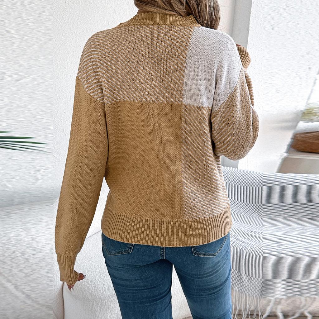 Women's Fashion Casual Contrast Plaid Long Sleeve Pullover Sweater