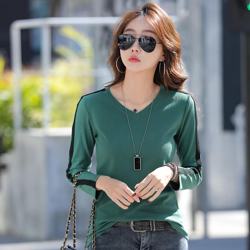 

Женская рубашка с длинным рукавом и v-образным вырезом, весенняя корейская новая тонкая женская футболка, хлопковые женские повседневные лоскутные топы размера плюс M