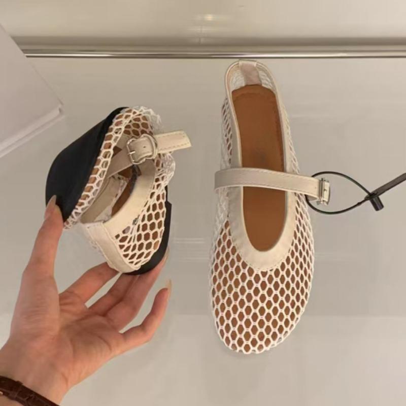 Shallow Mouth Net Cloth Single Shoes Summer New Round Head Metal Buckle Line with Soft Sole Non-slip Flat Shoes