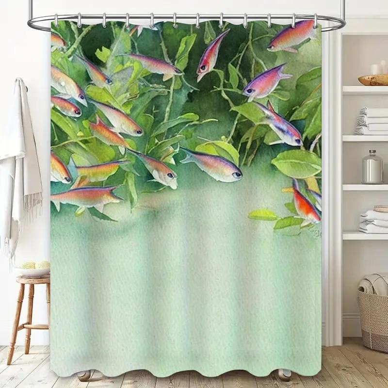 

Vibrant Fish Pattern Shower Curtain Greenery Aquatic Life Waterproof Fabric Beautiful Bath Decor For Home Decoration Quick-Dryin W60H190(CM)-1 Pcs