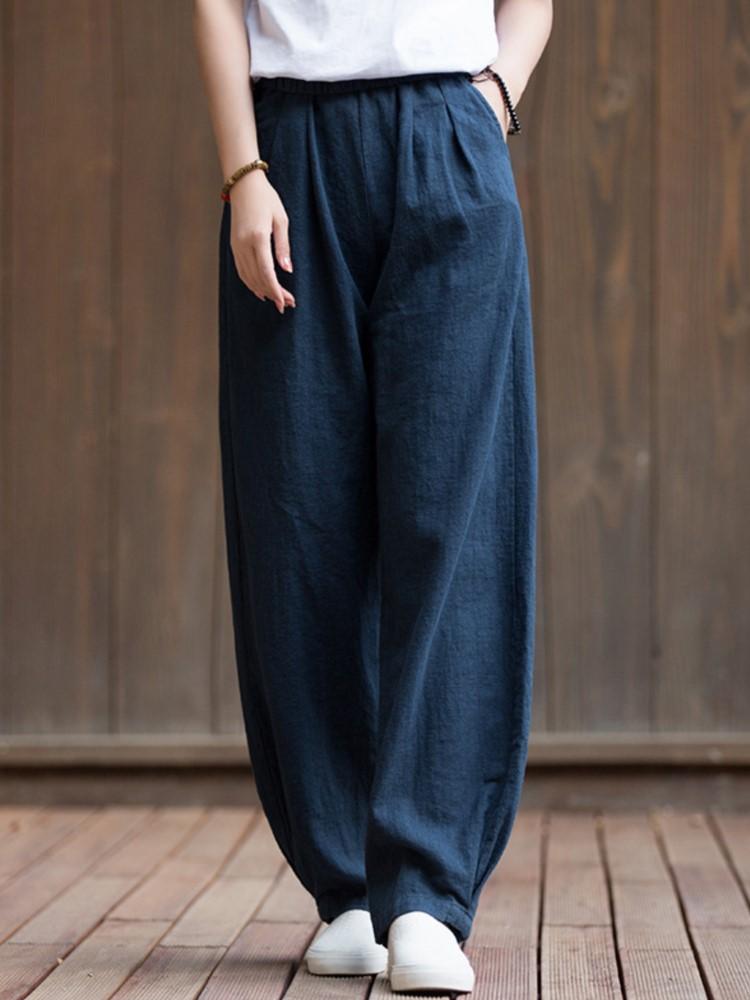 Damen Leinen Gestreifte Hose Einfarbig Elastischer Bund Frühling Hose 2024 Neue Freizeitkleidung Damen Lässige Lange Hose