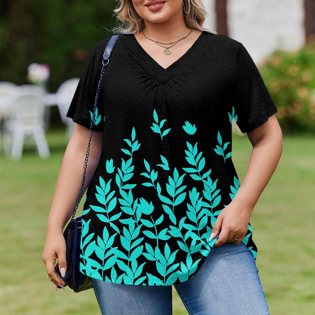 Women's Plus Size Fashionable Casual Loose-Fit Short Sleeve Elegant V Neck Blouse For Work