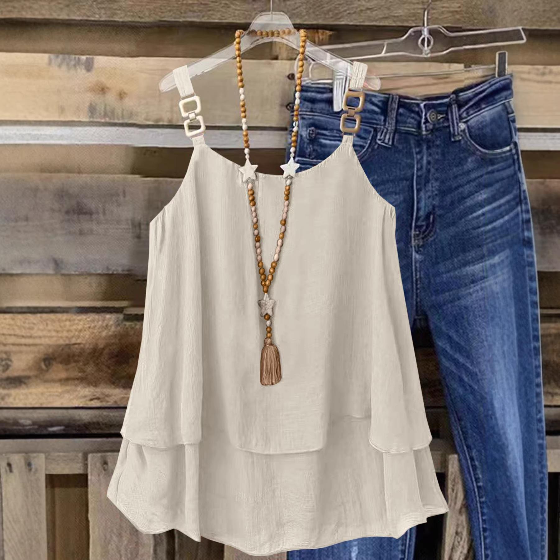 women s Square Buckle Double Layer Sleeveless Spaghetti Strap Loose Fit Casual Vacation Cami Top S чёрный