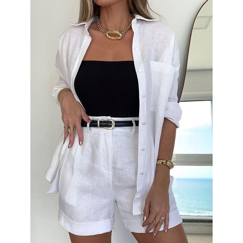 Long Sleeve Collar Shirt Shorts Set Long Sleeves Lapel Shirt Shorts Suit