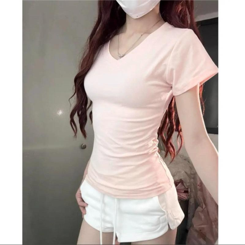 American Slim-fit Short-sleeved Inner with New Round Neck Front Shoulder Hong Kong Flavor Top Design Sense-shirt Women