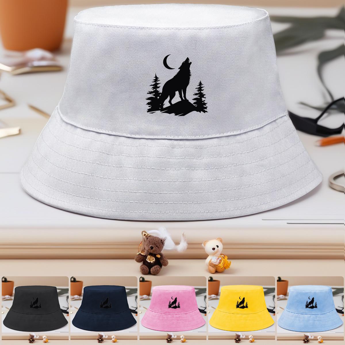 

Black Wolf And Moon Print Bucket Hat , Forest Animal Men s Cap Foldable Candy Color Fashion Basin Hat as the picture темно-синього кольору