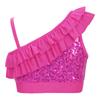 Girls Asymmetrical Shoulder Sequin Crop Top Ruffle Detail Elastic Band Dance Performance Outfit