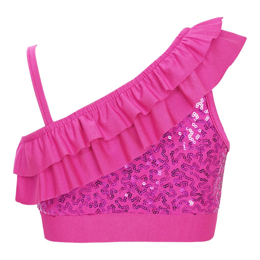Girls Asymmetrical Shoulder Sequin Crop Top Ruffle Detail Elastic Band Dance Performance Outfit