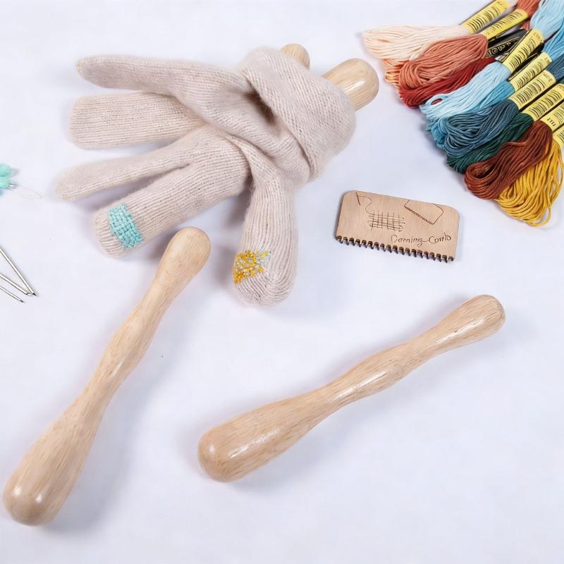 Wooden Repair Set with Darning Stick for Easy Mending of Gloves Socks and Knitting Fabrics