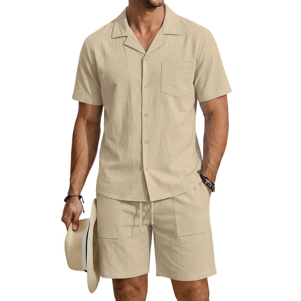 Men's Linen Short Sleeve Shirt and Shorts Set Casual Loose Fit Breathable with Pockets