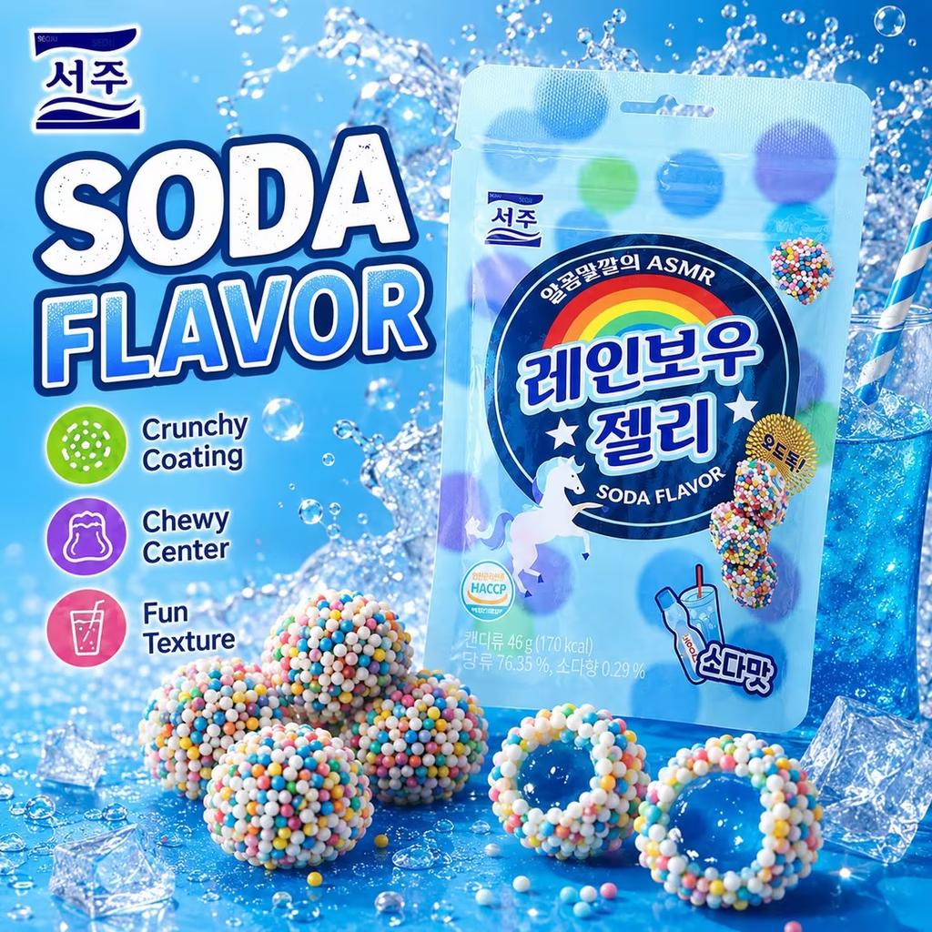 SEOJU Regenbogen-Limonaden-Geschmacks-Gummibärchen 46g | Knusprige Regenbogen-Streusel-Ummantelung, Erfrischender Limonaden-Geschmack, Doppelte Knusprigkeit und Kaubarkeit