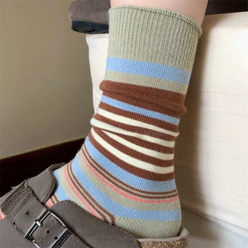 Maillard Women's Retro Korean Style Color Block Striped Mid-Calf Socks - Breathable Mori Girl Autumn/Winter Slouch Design