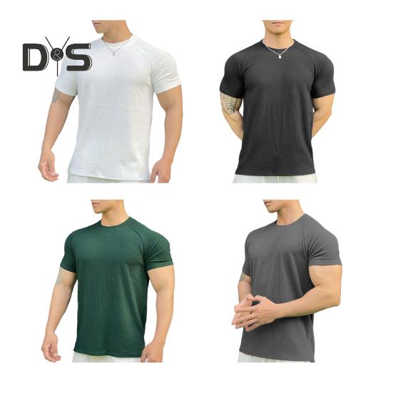 Men Summer Top with 3D Texture Round Neck Short Sleeves Loose Solid Color Muscular Men Sport T-shirt Daily Exercise Shirt