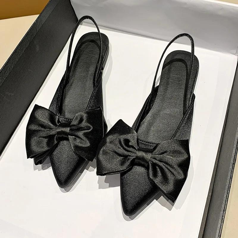 Fashion Women Baotou Sandals Fashion Bow-knot Low Heels Pumps Female Silk Sexy Pointed Sandalias De Mujer Women's Shoes 2025