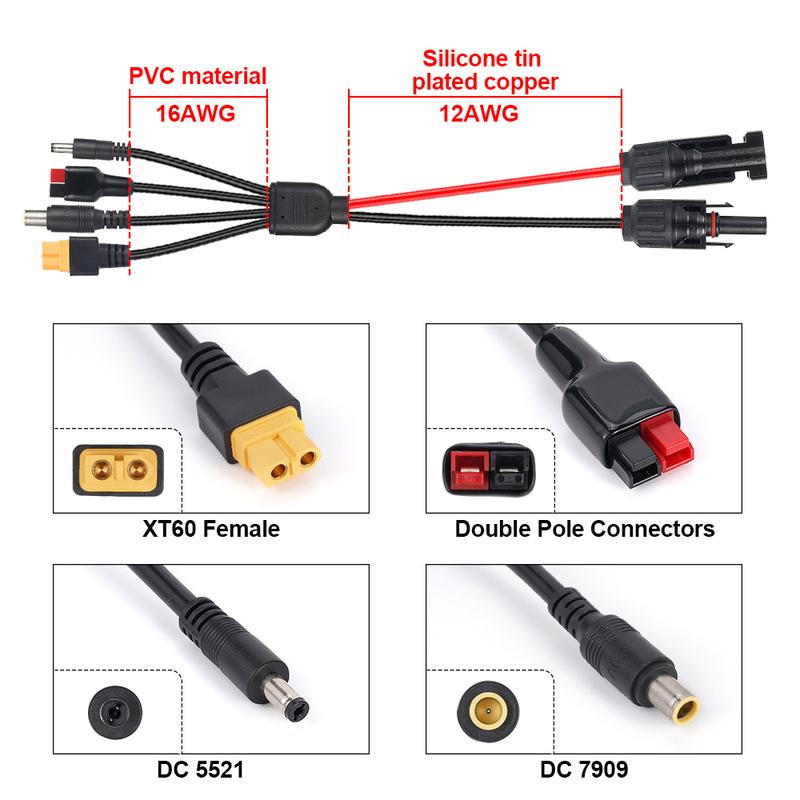 4-in-1 Solar Panel Connector To XT60/DC5521/DC7909 Solar Panel Extension Cable 12AWG Bipolar Link Silicone Tinned Copper Wire