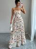 Damen Sommer Blumenmuster Dünner Schulterträger Falten Großer Schwingender Kleid Elegantes Urlaubs Trägerkleid