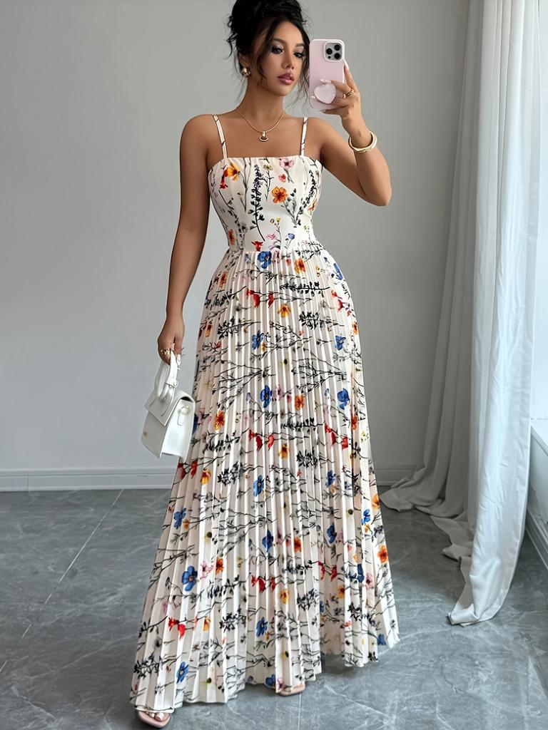 Ladies' Summer Floral Print Thin Shoulder Strap Pleated Large Swing Dress Elegant Vacation Suspender Dress
