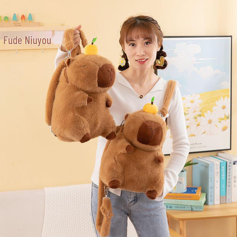 Capybara Cartoon Orange Plush Backpack: Women's Large Fuzzy Double Shoulder Bag