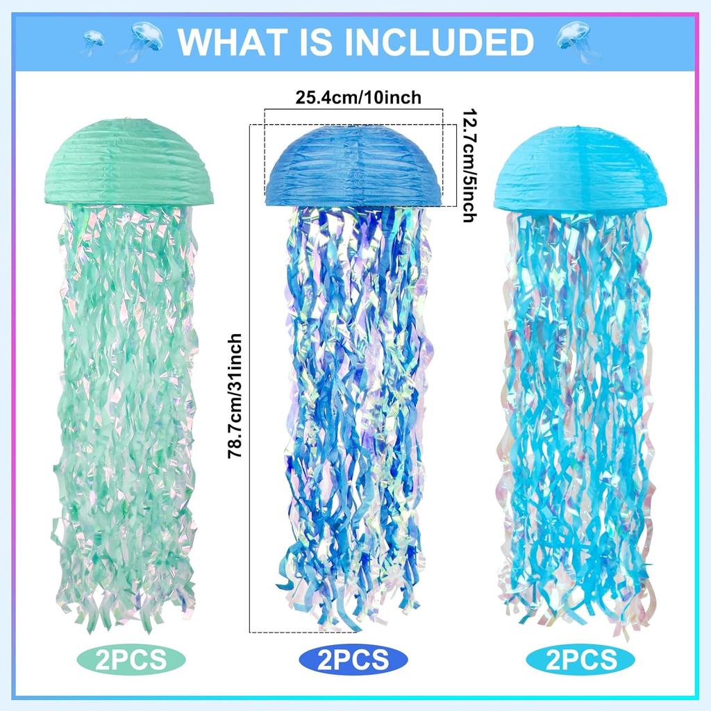 Jellyfish Paper Lanterns Hanging Jelly Fish Paper Lanterns, 6 Packs Blue Hanging Lantern for Mermaid Theme Party Under The Sea Ocean Birthday
